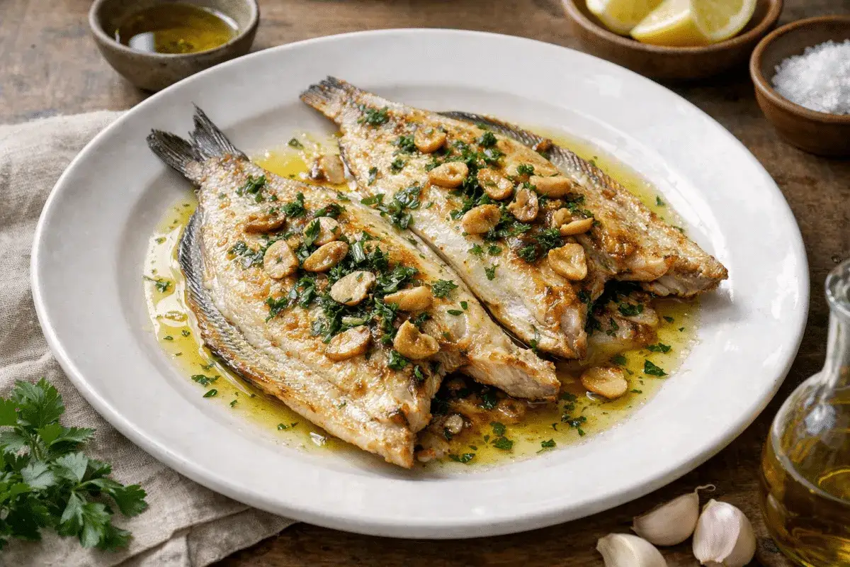 Deliciosa lubina a la plancha, dorada y jugosa, servida con ajo laminado y perejil fresco. Un plato sencillo y lleno de sabor.