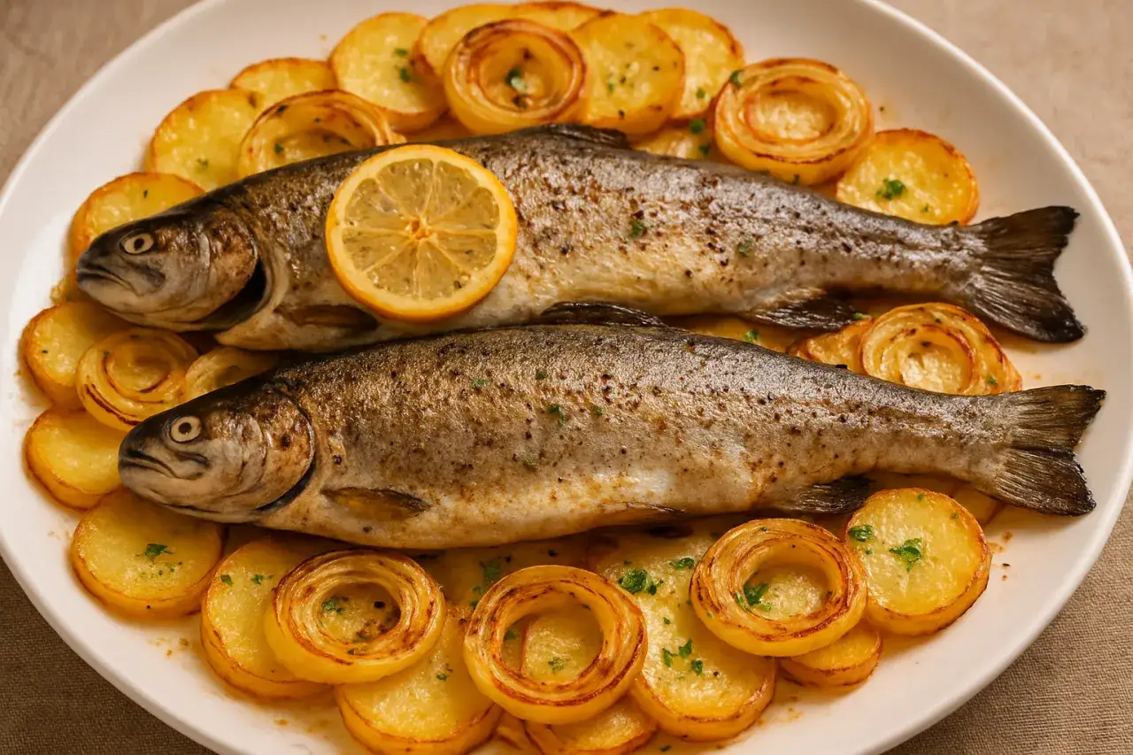 Dos truchas al horno, doradas y jugosas, acompa&ntilde;adas de rodajas de patata y cebolla asadas, con una rodaja de lim&oacute;n coronando una de ellas.