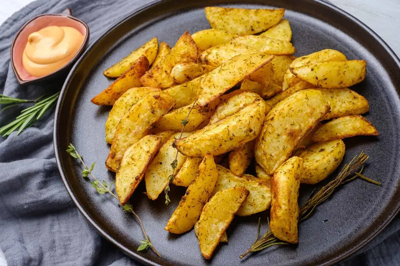 Patata asada crujiente y dorada, sazonada con hierbas, servida en un plato oscuro con una salsa cremosa y romero fresco. ¡Un placer para el paladar!