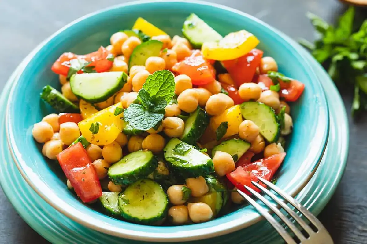 Ensalada de garbanzos vibrante con pepino, tomate y pimiento amarillo, adornada con hojas de menta fresca.
