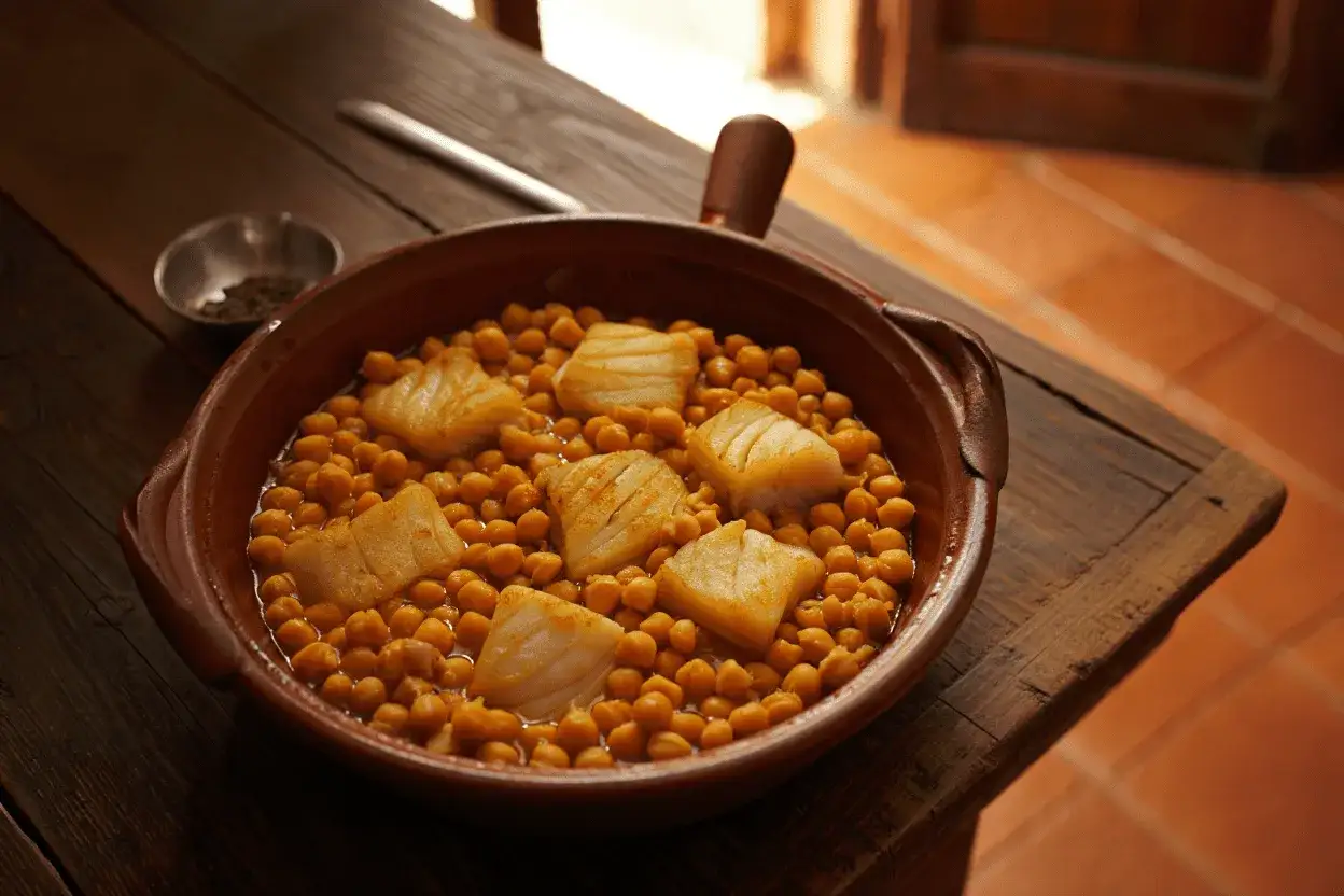 Un plato de garbanzos con trozos de bacalao, listo para ser parte de deliciosas recetas de bacalao.