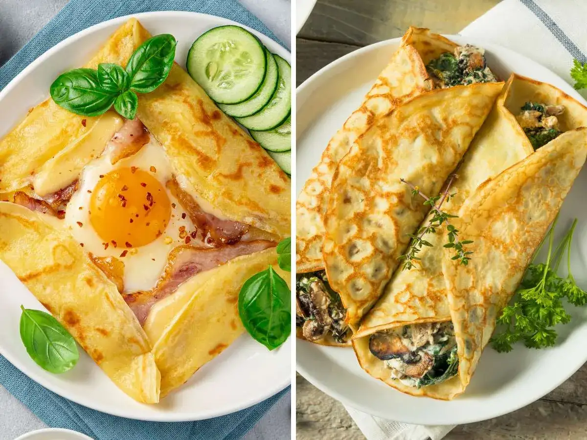 Dos crepes salados: uno con huevo, queso y jam&oacute;n, y otro relleno de espinacas y champi&ntilde;ones.