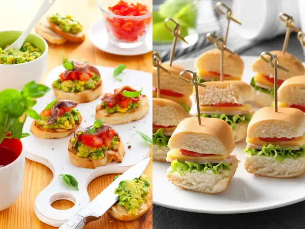Picoteo fácil y rápido: bruschettas de aguacate y tomate con anchoas, y mini hamburguesas con queso y lechuga.