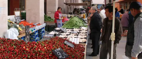 Gente comprando fresas, tomates y judías en el mercadillo semanal Benicarló.