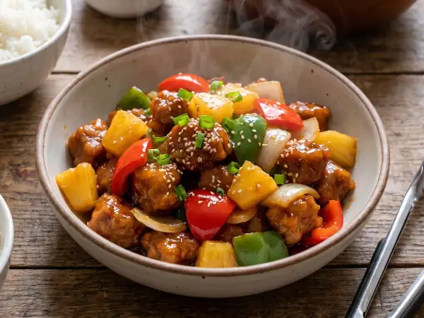 Un delicioso cerdo agridulce humeante, con trozos de piña, pimientos y cebolla, espolvoreado con semillas de sésamo.
