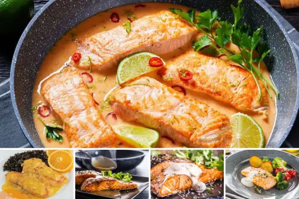 Varias recetas de salmón: en salsa cremosa con chile y lima, con salsa de naranja, a la parrilla con salsa y con verduras.
