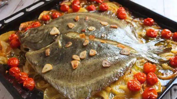 Rodaballo al horno con tomates cherry y láminas de ajo. Un plato delicioso y fácil de preparar.