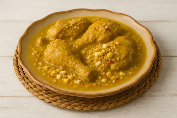 Pollo en pepitoria, un plato tradicional español con trozos de pollo en una salsa dorada, decorado con huevo duro picado y hebras de azafrán.